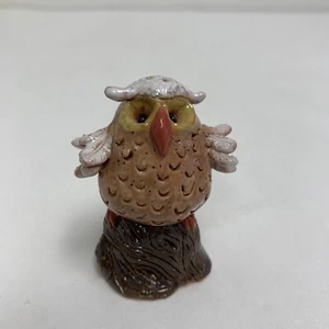 VTG Owl Figurine UNIQUE Hand Painted Carved Detail Terracotta Artist Signed Nan - Picture 1 of 7