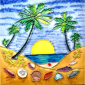 Beach Palm Trees Sun Shells 8x8 Decorative Wall Art Ceramic Tile New Backsplash - Picture 1 of 2