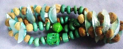 Hand crafted stretch Bracelet MOP shells, cork, turquoise & silver seed beads. - Image 1 of 4
