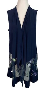 Susan Graver Open Front Tunic Vest-Navy Knit W/ Floral Embroidered Mesh Hem Sz S - Picture 1 of 9