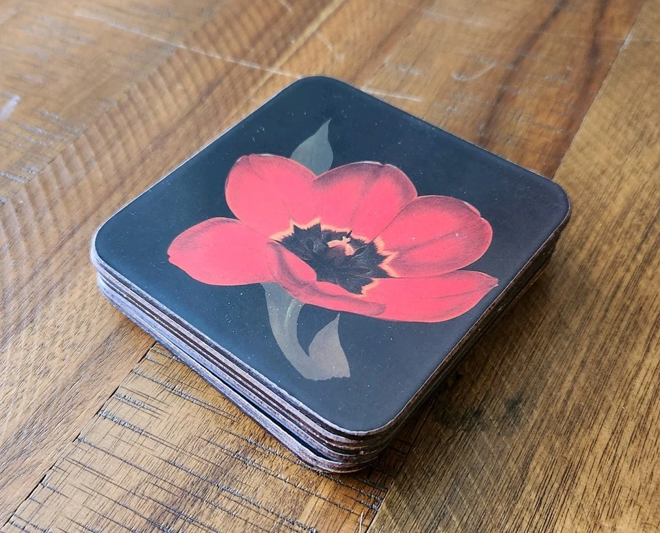 Vintage Pimpernell Cork Coasters With Red Tulips Set Of 6 - Image 1 of 4