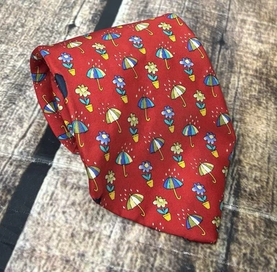 VTG Burberrys Silk Neck Tie Mens Umbrella Flower Pot Pattern Red USA - Image 1 of 4