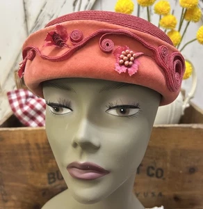 Vintage 1960s Pillbox Coral Orange Pink Embellished Floral Round Hat - Picture 1 of 6
