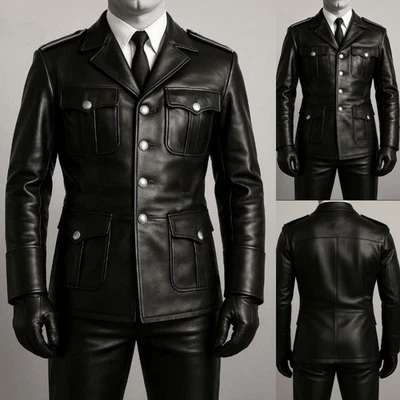 Chaqueta de safari de cuero para hombre 2 piezas abrigo blazer de fiesta de moda solapa de pico Foto 1 de 4