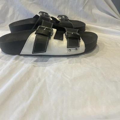 Sandalias ZARA Doble Correa Deslizables Planas Hebilla Cuero Negro Mujer Talla 9.5 Foto 1 de 4