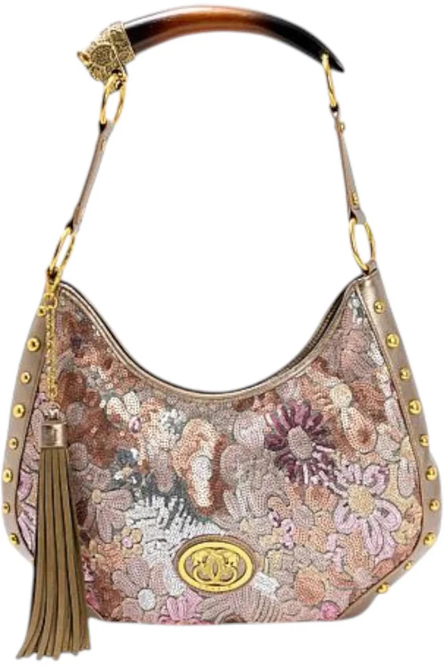 Sharif Legacy Sculpted Horn Handle Sequined Leather-Trimmed Hobo Clay - Image 1 of 1