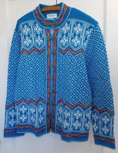 Norm Thompson Cardigan Women Large Blue Geometric Button Up Cotton Long Sleeve - Picture 1 of 6