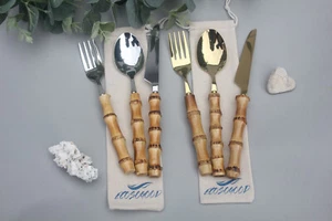 Bamboo & Steel Cutlery Set Fork Spoon Camping Portable Reusable Travel - Picture 1 of 16