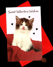 Valentine Cat Kitten Red Blanket GLITTERED - LARGE Valentine's Day Greeting Card