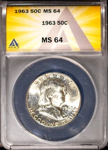 1963 50c Silver Franklin Half-dollar MS 64 ANACS # 7577390 + Bonus - Picture 1 of 2