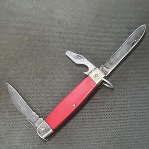 Vintage Pastor Aleman Camp/ Scout Knife. Three Blade. German Shepherd. Red.