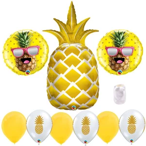 Summer Happy Pineapple Luau Party Bouquet 9pc Balloons, Gold Yellow - Picture 1 of 5