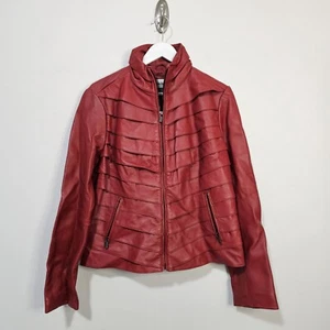 Neiman Marcus Exclusive Leather Jacket Womens Large Red Biker Tiered Full Zip - Picture 1 of 10