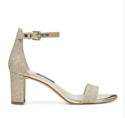 Sandalias de tacón de bloque con brillo dorado Nine West poco común correa para el tobillo punta abierta 11 Foto 1 de 4