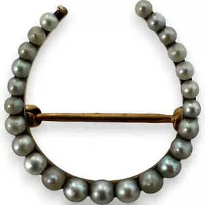 Late Victorian Horseshoe 14k Rose Gold Good Luck Token Seed Pearls Brooch Pin - Picture 1 of 5