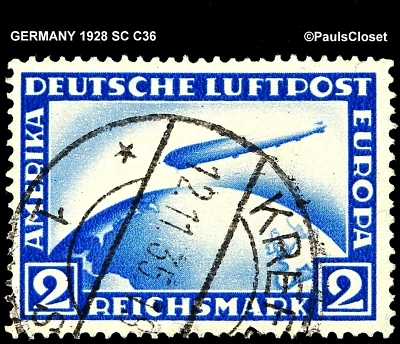GERMANY 1928 SC C36 2M ULTRAMARINE GRAF ZEPPELIN CROSSING THE OCEAN UNG F/VF - Image 1 of 2