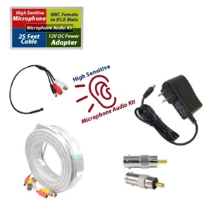CCTV Audio Surveillance High Sensitive Microphone Kit 25ft Video Power Cable - Picture 1 of 9