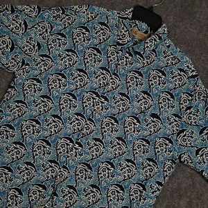 Vintage Lord & Taylor Hawaiian Shirt Mens XL Blue Dolphins Rayon Geometric - Picture 1 of 9