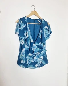 JACQUES VERT Size 10 Short Sleeved Blouse Top Blue Floral Wedding Occassion - Picture 1 of 12