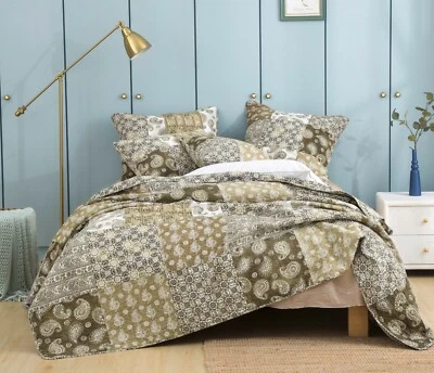 DADA BEDDING COLLECTION DaDa Bedding Bohemian Patchwork Paisley Floral Olive Green Brown Bedspread Set