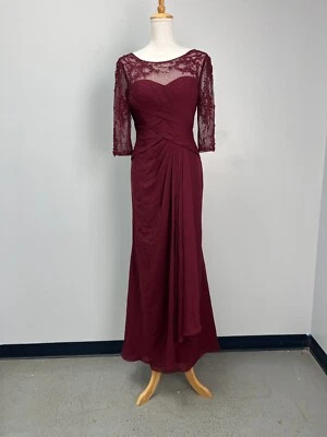 Vestido Formal Largo JJ's House Granate Plisado Gasa Ilusión Encaje Talla 6 114233 Foto 1 de 4