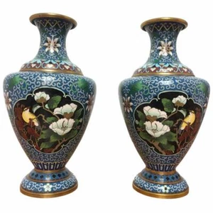 Pair of Vintage Gold Tone Light Blue Chinese Floral Cloisonne Vases Birds 12.5" - Picture 1 of 7