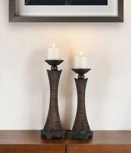 Set of Two Bronze Polyresin Woven Tabletop Pillar Candle Holders With Candle - Picture 1 of 4