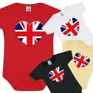 Union Jack Heart UK Flag Baby Grow Body Suit - D7 Love UK England - Picture 1 of 13