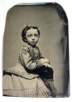 Antique Tintype Photo Cute Young Victorian Girl Dress Fashion Unique Sharp Image - Image 1 of 3