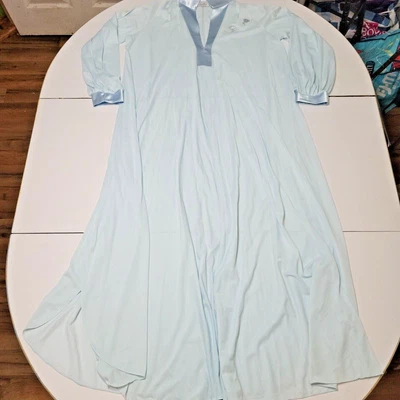 Lucie ANN Nightgown Women Small Maxi Blue Floral Satin Neck Claire Sandra 60 VTG - Image 1 of 4