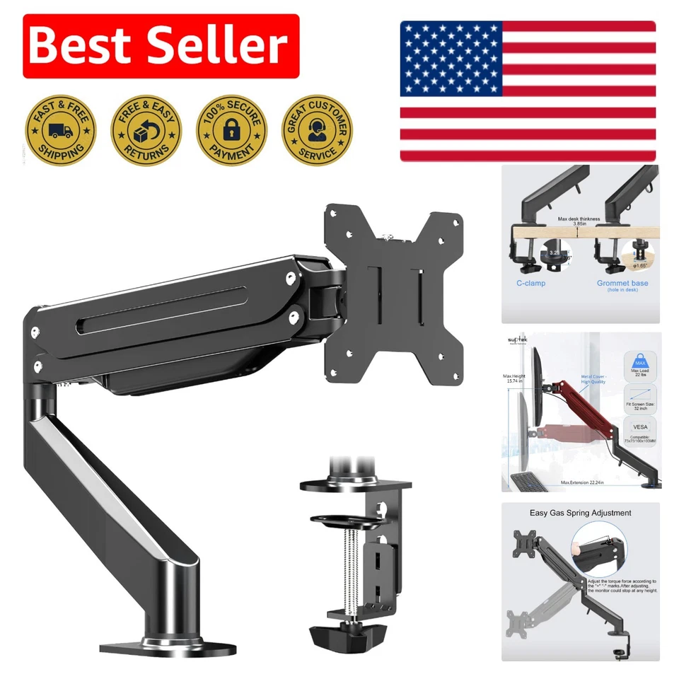 Heavy Duty Gas Spring Monitor Arm - Adjustable for 17-32" Monitors, Easy Setup - Image 1 of 4