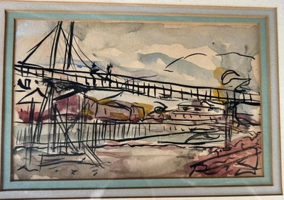 Vintage American Expressionism Watercolor Architecture Bridge Drawing Painting - Image 1 of 4