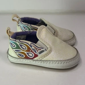 Vans Infant Slip On Shoes Sparkle Rainbow Flame White Glitter Toddler Size 3 - Picture 1 of 7