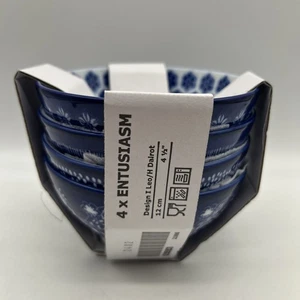 IKEA 4X Entusiasm Set Of 4 Blue White Patterned Porcelain Bowls NEW - Picture 1 of 11