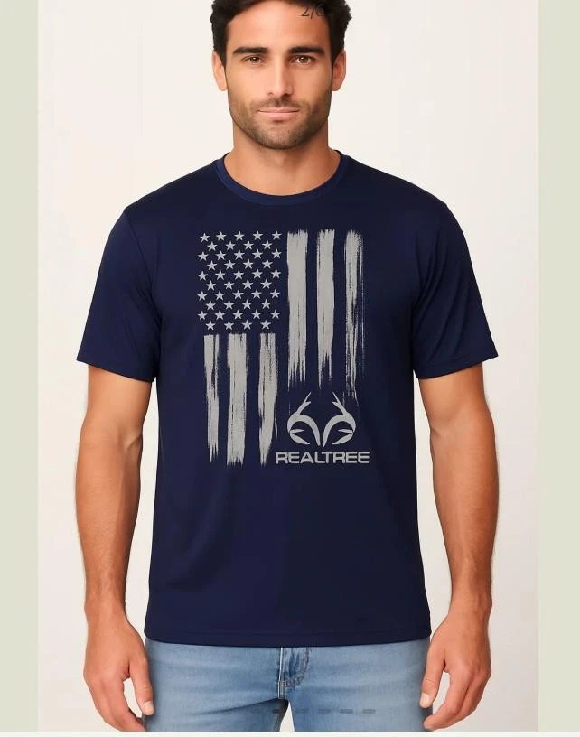 NEW MENS REALTREE AMERICAN FLAG BLUE SHORT SLEEVE SHIRT CREWNECK SIZE XXL - Image 1 of 1