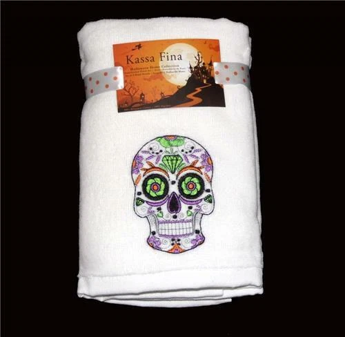 2 Kassa Fina White Velour Embroidered Sugar Skull Halloween Hand Towels NWT - Image 1 of 1
