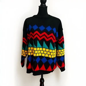 Vintage 80er-Jahre-Stil flippiger bunter Allover-Druck geometrischer Pullover Rundhalsausschnitt Pullover - Bild 1 von 6