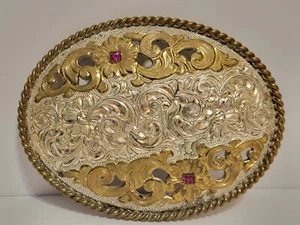 VTG Womens CRUMRINE Pink Stone BRONZE Silver Flowers WESTERN Cowgirl BELT BUCKLE - Picture 1 of 6