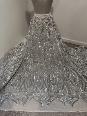 Silver White 4way stretch sequins Lace fabric 50” Width 1 Yard - Image 1 of 4