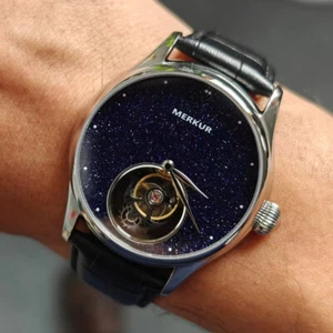 MERKUR Men Tourbillon Watch 43mm Vintage Mechanical Wristwatch Goldstone Dial - Picture 1 of 5