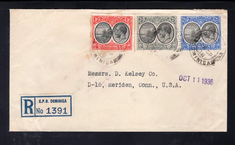 Dominica 1938 Registered Cover to CT franked 1p, 2p & 2 1/2p, Scott 67, 70, 72 Cover