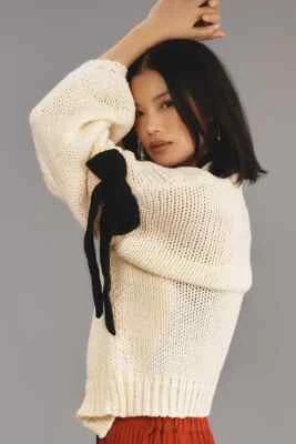 Maeve Chunky 蝴蝶结开衫毛衣 Anthropologie 黑色丝带霜 均码 全新 — 第 1/4 张图片