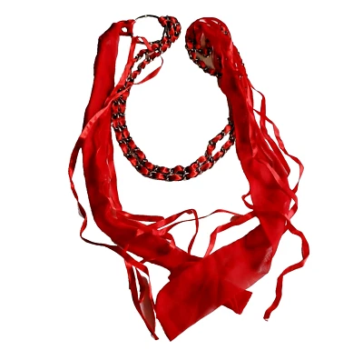 Cinturón para mujer cinta roja faja de gasa tono plateado cadena eslabón borla trenzada Foto 1 de 4