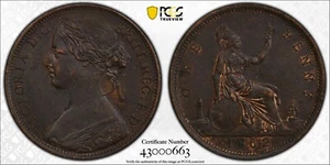 1862 Great Britain Penny 1D PCGS UNC Detail S-3954 W/O L.C.WYON Obverse - Picture 1 of 3