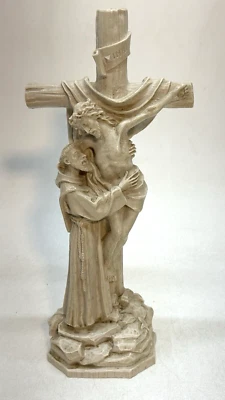 Saint Francis Embracing Christ on Cross Resin Stone Like Statue Sculpture 10.5" - Image 1 of 4