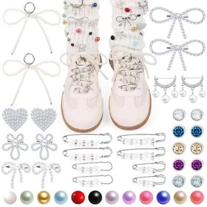 Silver Charms for Socks Shoe Charms for Sneakers Bling Pearl Brooch Pins Butt... - Picture 1 of 7