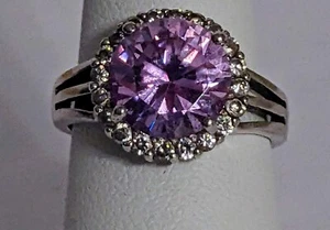 SU 925 Sterling Large Faceted Amethyst CZ Ring Size 6 3/4 - Picture 1 of 16