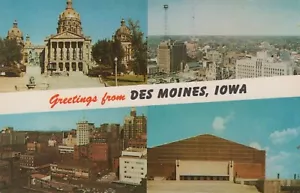 Greetings from Des Moines Iowa Veterans Memorial Auditorium Multi-View Postcard - Picture 1 of 2