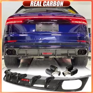 For Audi Q8 SQ8 2019UP Real Carbon Rear Bumper Diffuser Lip W/ Exhaust Tips LED - Bild 1 von 12
