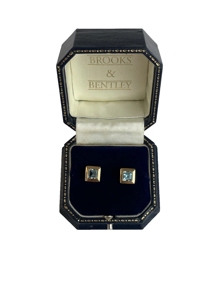 Pendientes Aguamarina Oro 9ct 1.50ct Corte Princesa Aguamarina Pendientes Vintage Foto 1 de 4